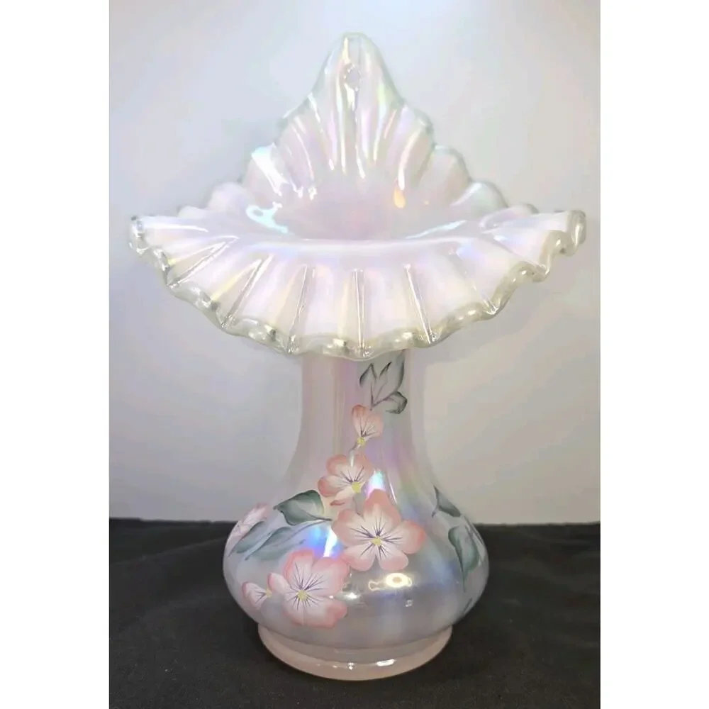 Vintage Fenton Hand-Painted Opalescent Ruffled Glass Floral Vase Signed